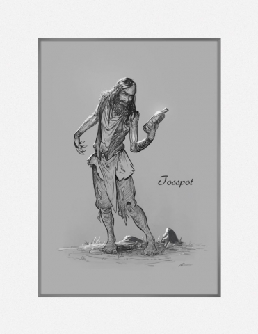 sketch of tosspot holding a bottle of....